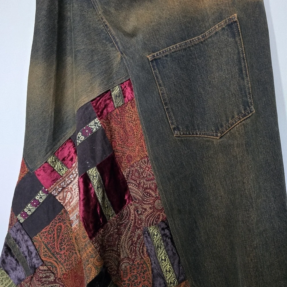 VTG René Derhy Patchwork Denim Maxi Skirt Boho Y2K Artsy USA 14 - Picture 9 of 12